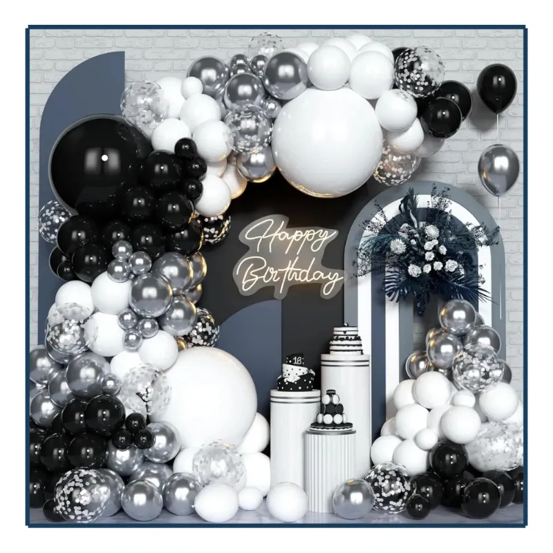 Set de Globos Negros, Blancos y Plateados (110Pzas)