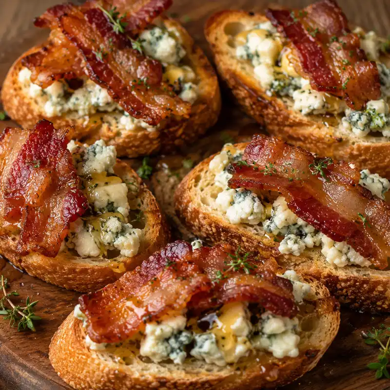 Crostini de queso azul y bacon