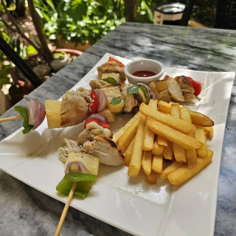 Brochetas de pollo con papas fritas